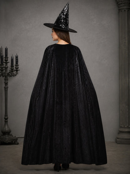 The Witch Hat and Cape Costume Set - Shiny Pointed Hat with Wide Brim, Long