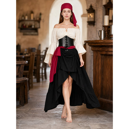 The outfit includes a white off-the-shoulder blouse with a front tie and elbow-length flared sleeves, a black lace-up corset with metal-look grommets, and a black tiered skirt with an asymmetrical hem and gathered draping. The contrast betw