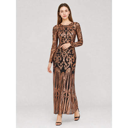 Long Sequin Dress with Sheer Sleeves
