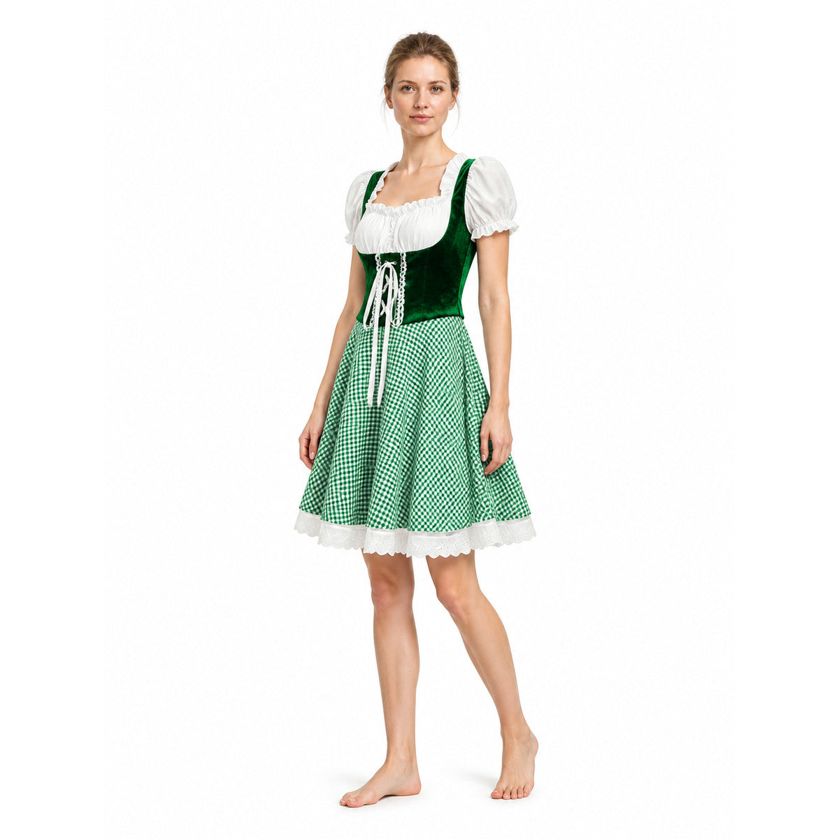 Bavarian-Style Plaid Dress with Lace-Up Front on-model front view