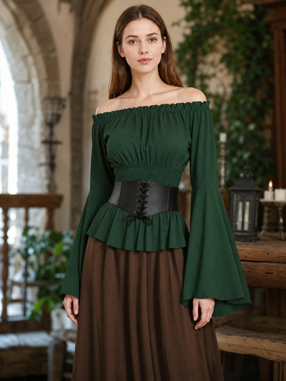 Off-the-Shoulder Blouse with Green Belt