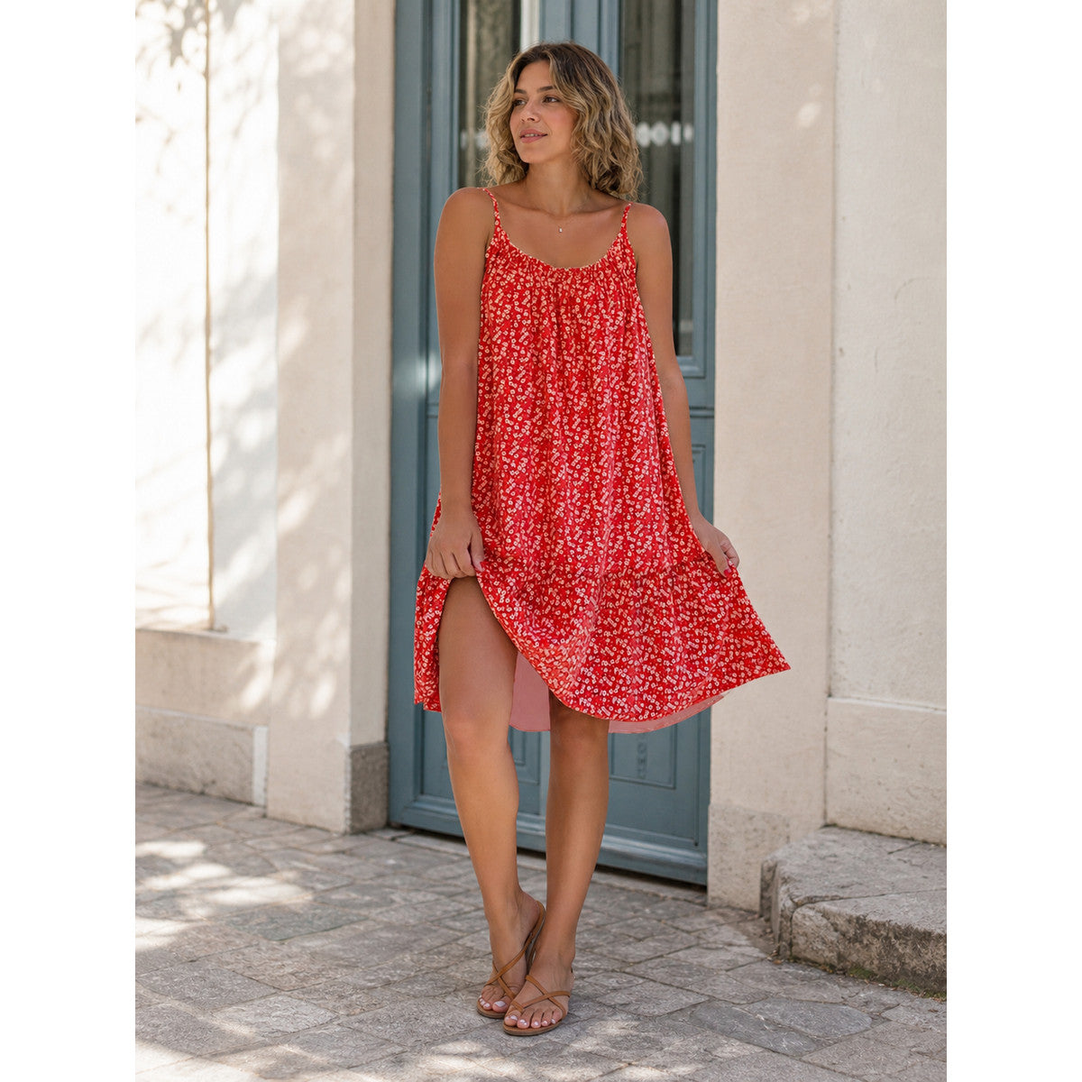 Red Dress with Thin Straps and Floral Print