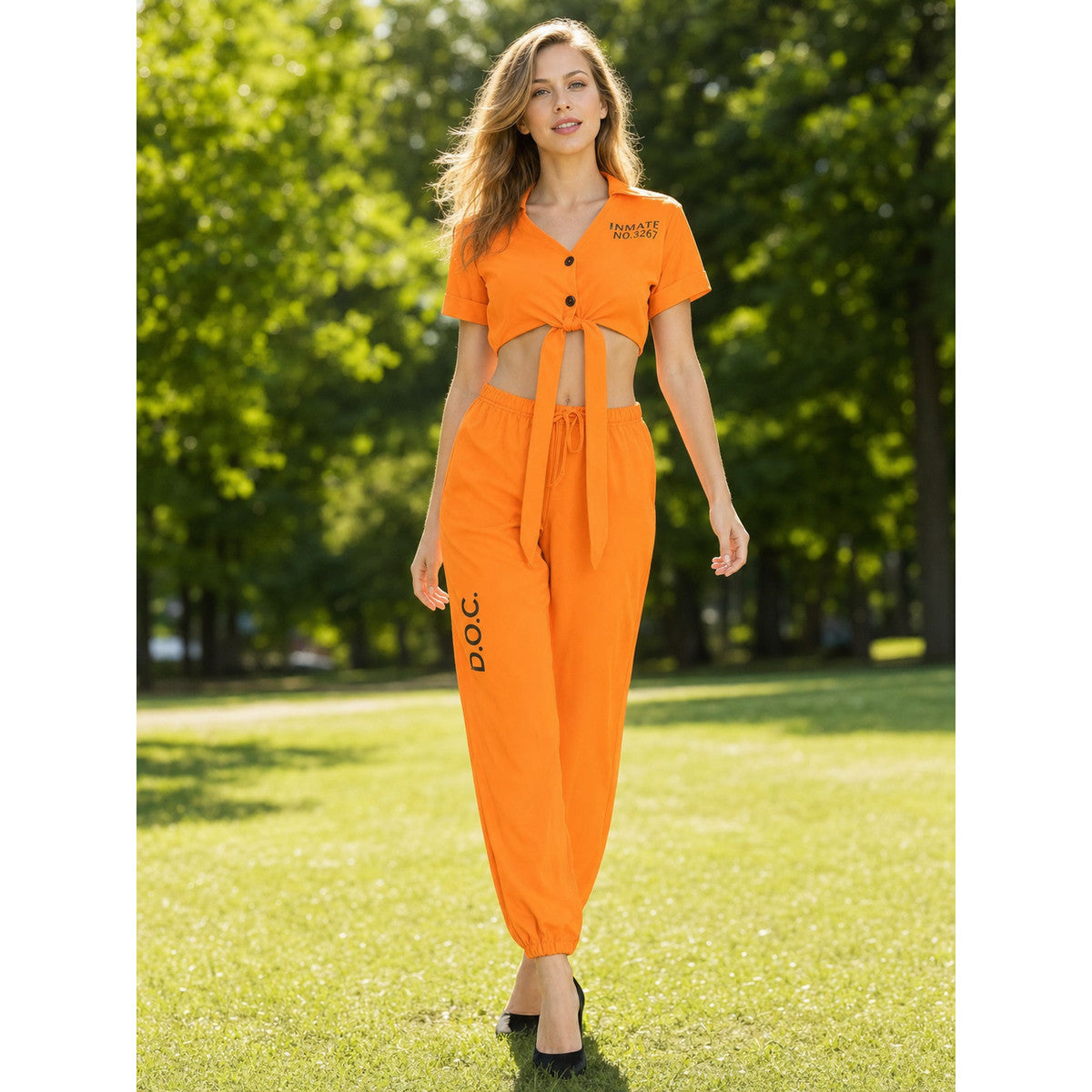 Inmate Costume with Top, Pants, and Handcuffs lifestyle view