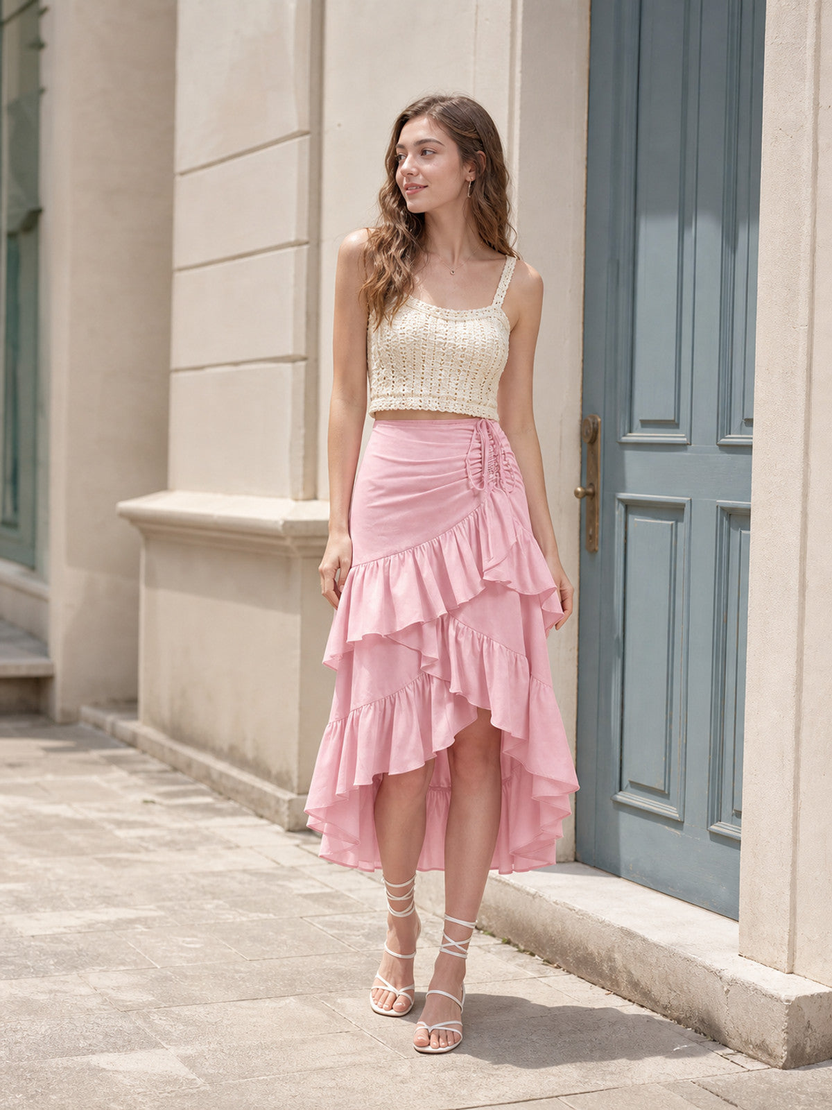Pink Skirt with an Asymmetrical Tiered Ruffle product detail