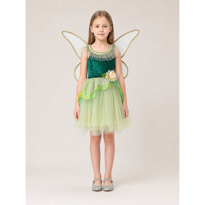 This children's dress is designed as a forest fairy costume and is suitable for performances and the June 1 holiday. The style features a green top with a jacquard pattern, a neat neckline with a ruffle, and a fit that emphasizes the waist.