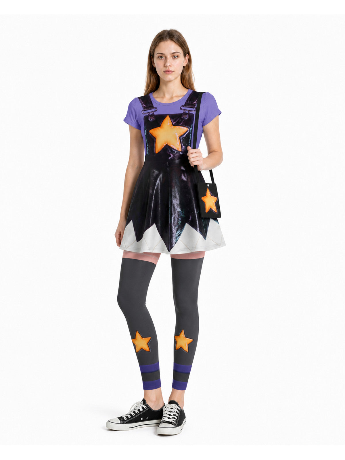 Character costume: dress, leggings, shorts, and bag