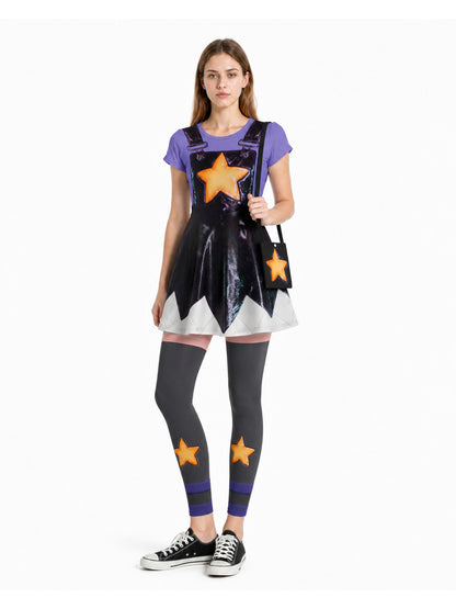 Character costume: dress, leggings, shorts, and bag