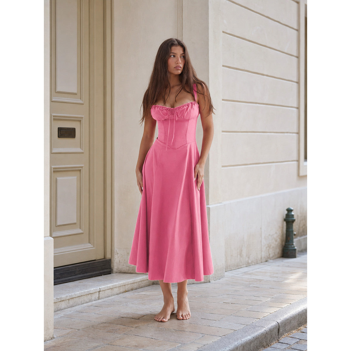 Women's midi dress with thin straps and a drawstring detail