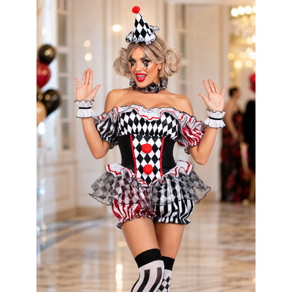 Clown Cosplay Costume with Ruffles and Pom-Poms