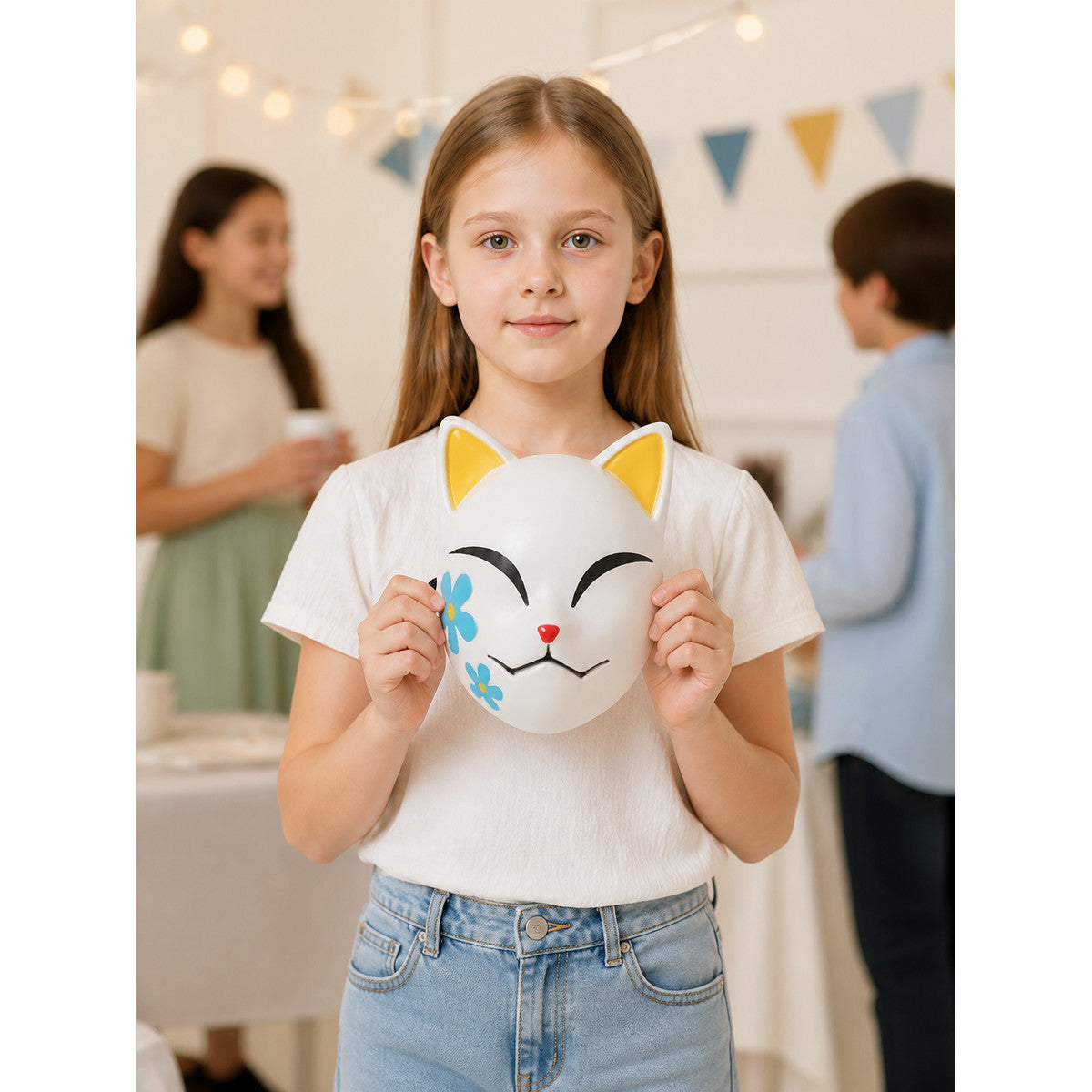 Halloween Cat Carnival Mask with Blue Flowers lifestyle view