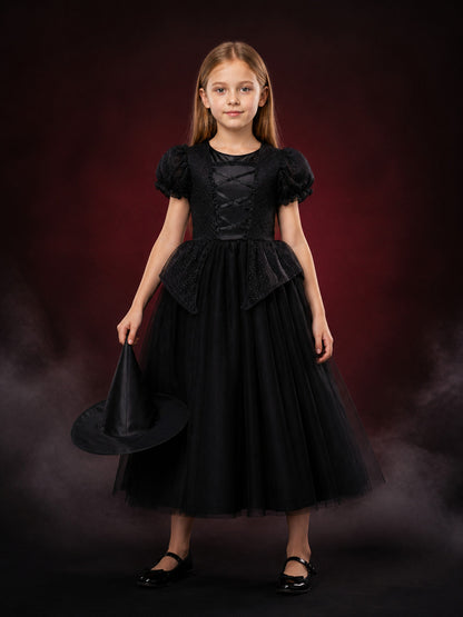 Kids' Witch Costume Dress Set with Hat, Black Puff-Sleeve Halloween Outfit
