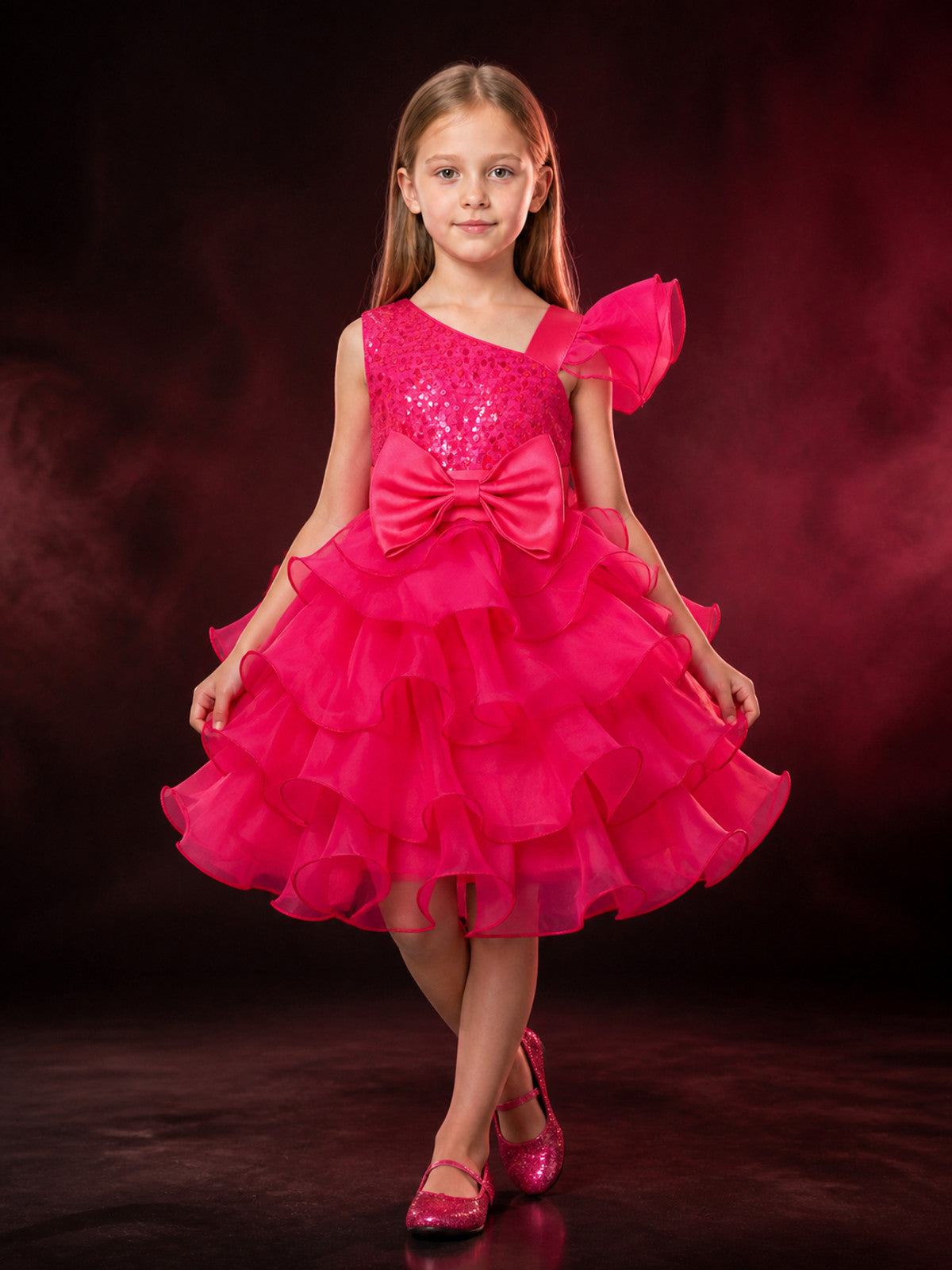 Girls' Pink Princess Party Dress with Sequined Bodice and Layered Ruffle Skirt main product view