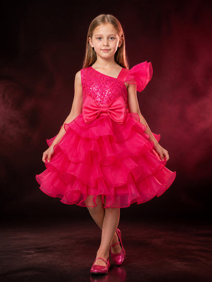 Girls' Pink Princess Party Dress with Sequined Bodice and Layered Ruffle Skirt main product view