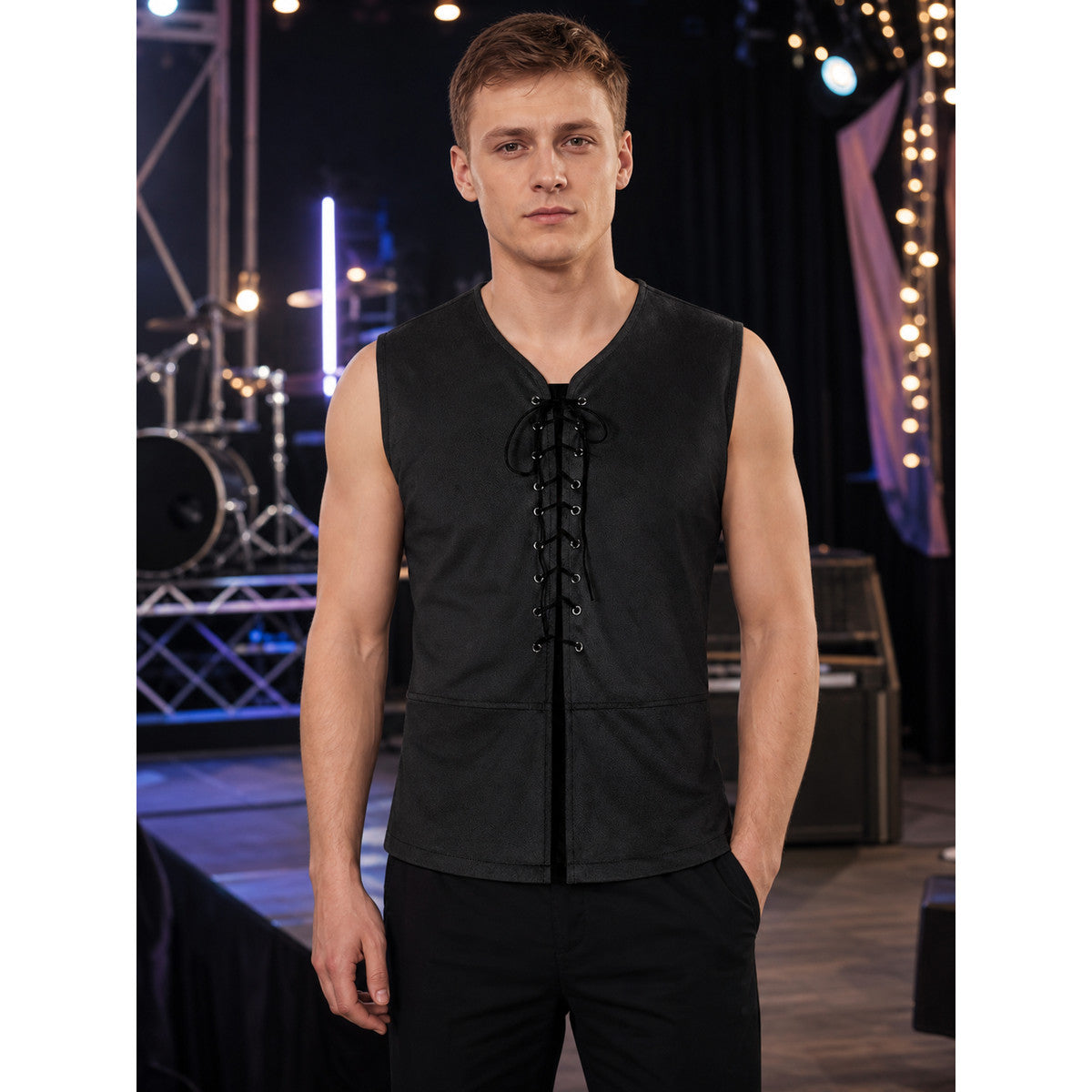 Black Long Lace-Up Vest with V-Neck lifestyle view