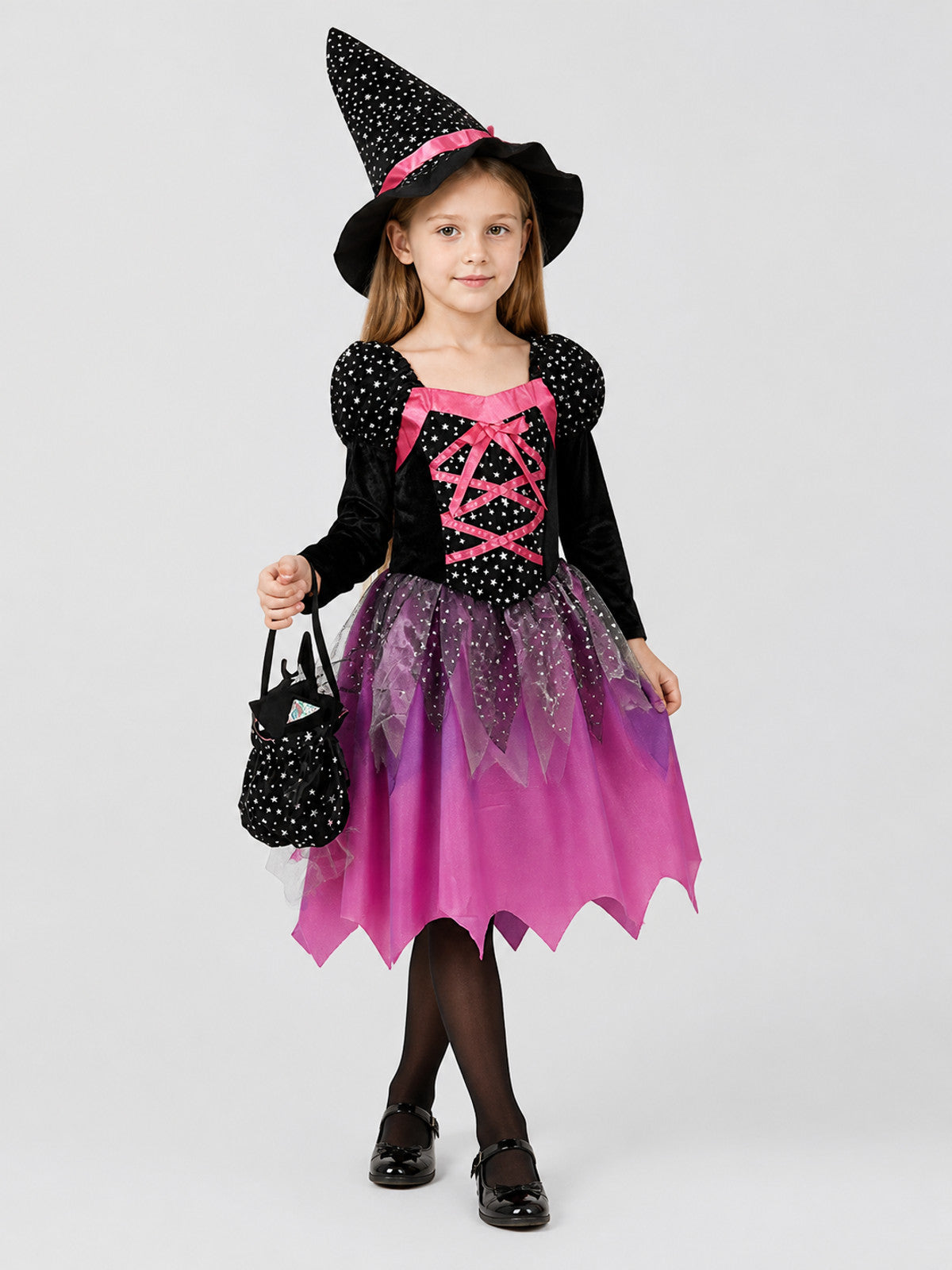 Children's Witch Costume with Full Skirt and Star-Patterned Hat Costume Headwear detail