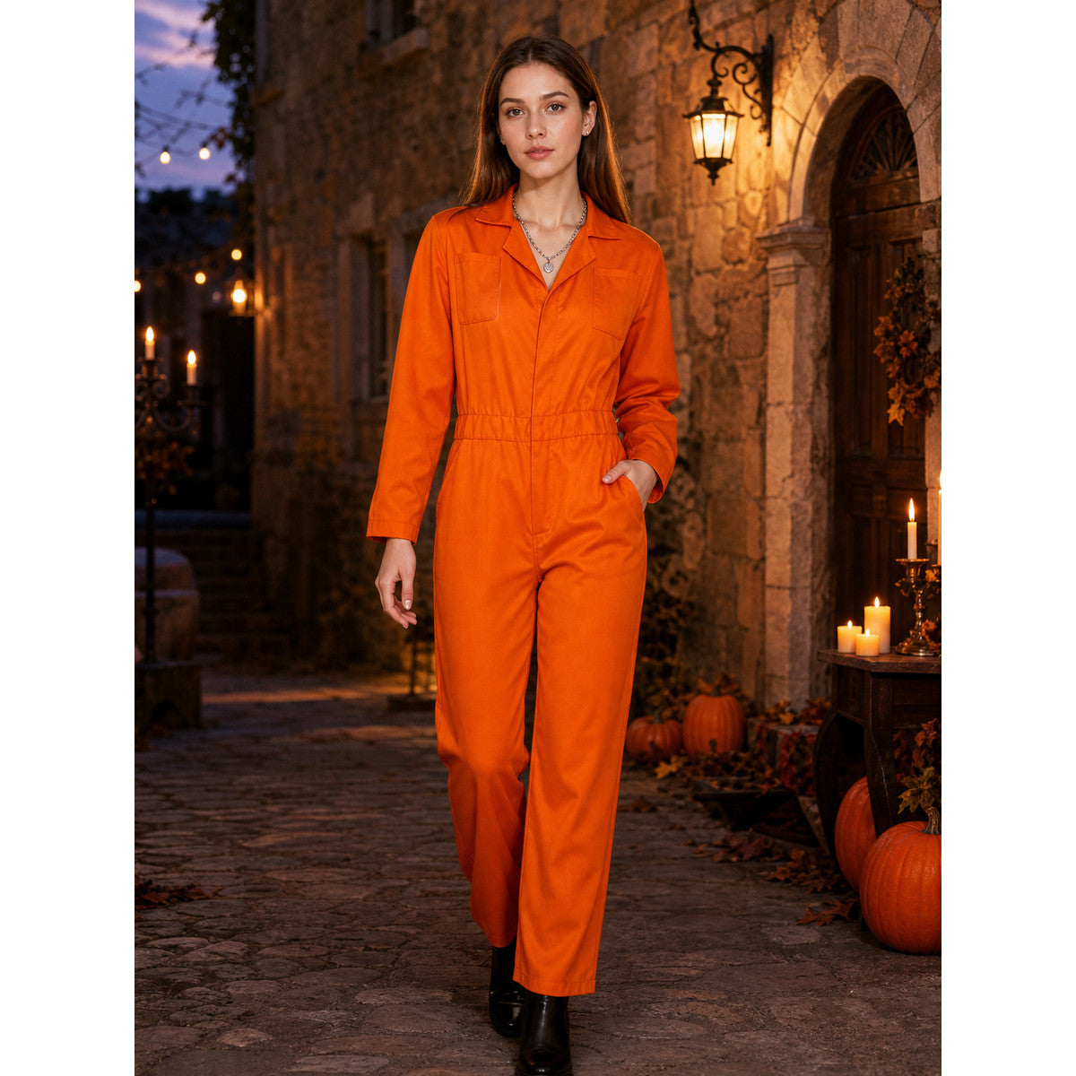 Woman wearing an orange utility jumpsuit outdoors at night, with a notched collar, long sleeves, elastic waist, black boots, and stone walls behind her