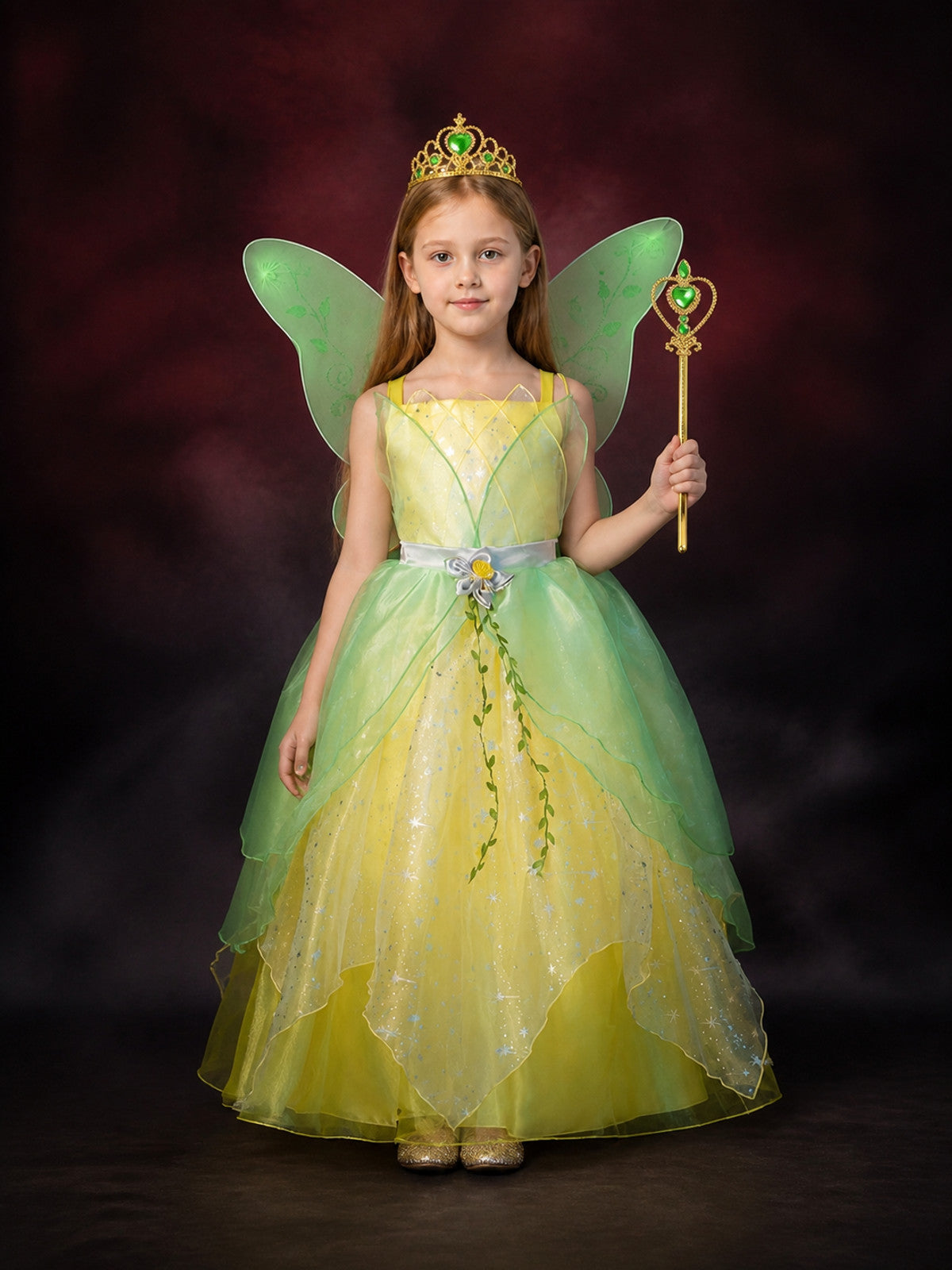 Girl's Fairy Costume Dress with Wings, Crown, and Magic Wand - Green Leaf Star