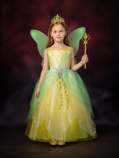 Girl's Fairy Costume Dress with Wings, Crown, and Magic Wand - Green Leaf Star