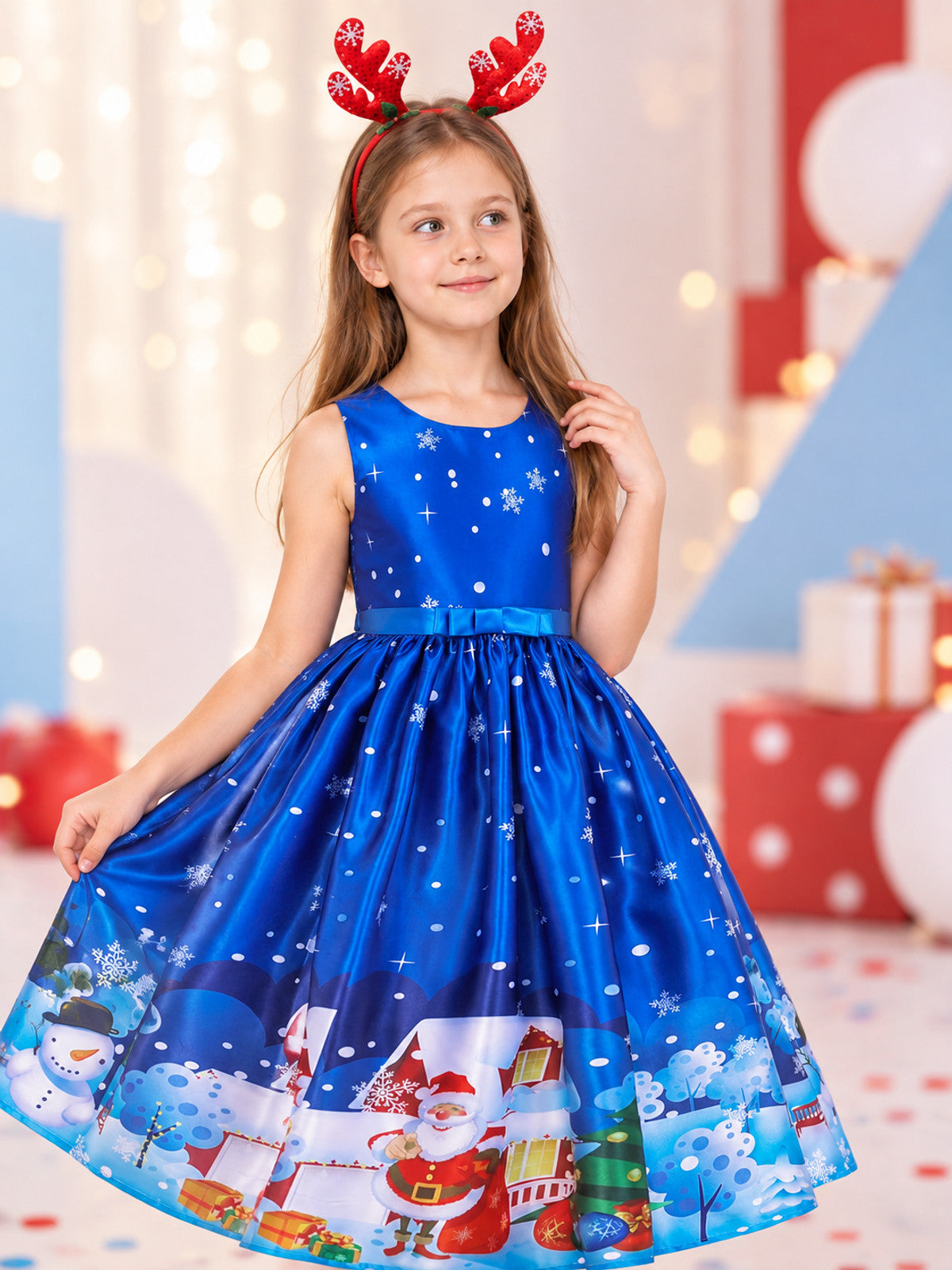 Blue children's holiday dress with Christmas print