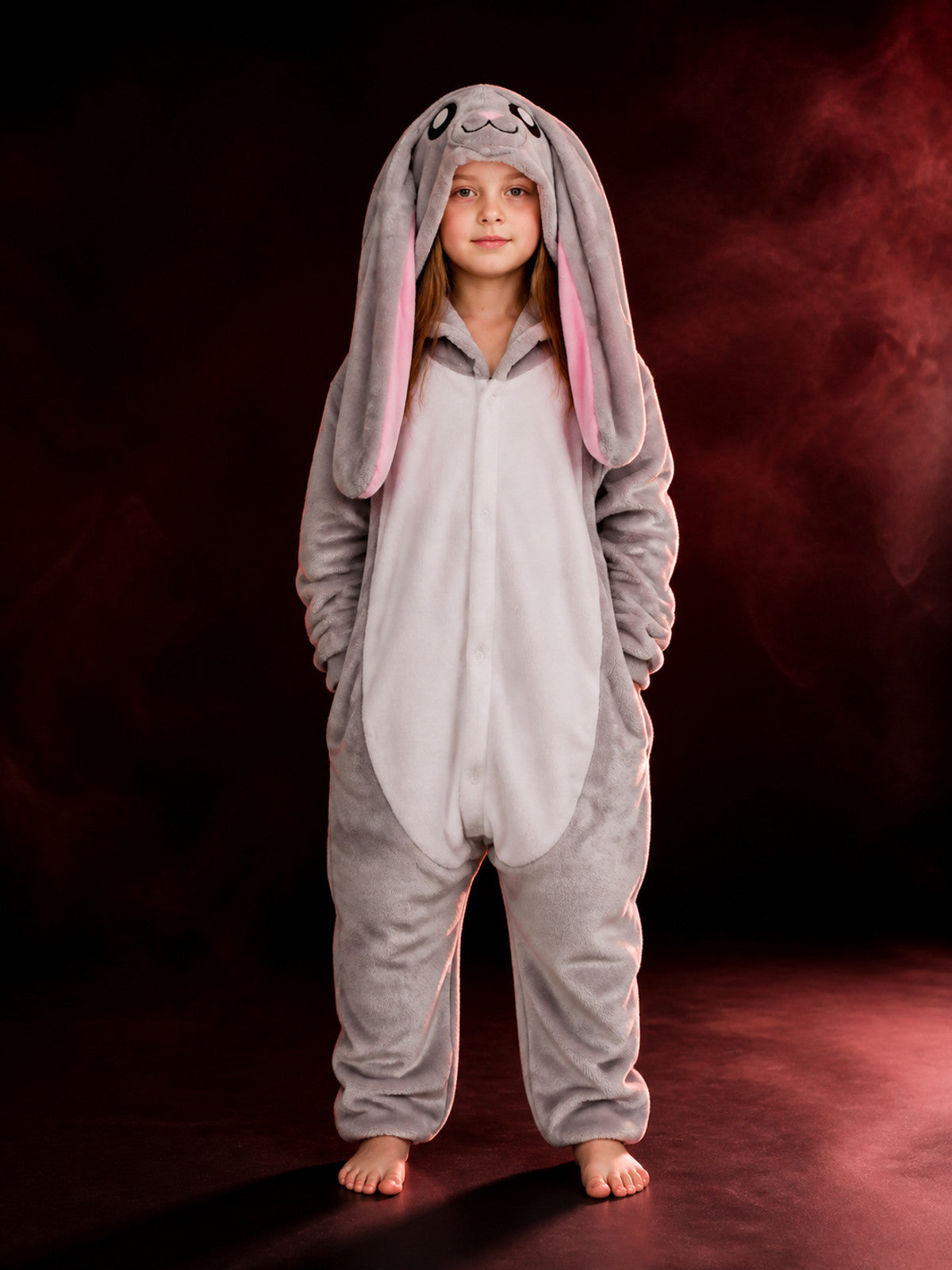 Gray Rabbit Hooded Jumpsuit Costume, Long-Ear Cartoon Animal One-Piece Outfit main product view