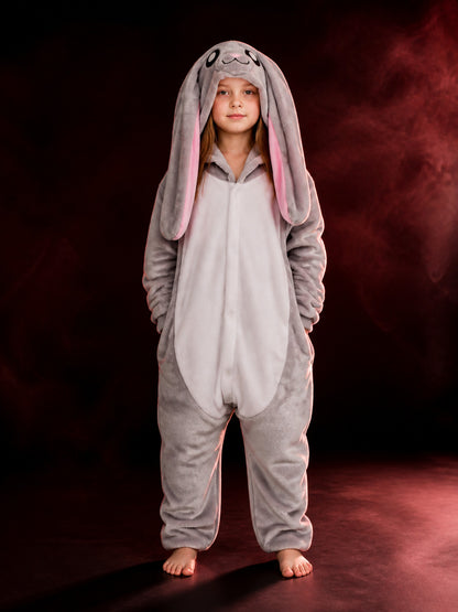 Gray Rabbit Hooded Jumpsuit Costume, Long-Ear Cartoon Animal One-Piece Outfit main product view