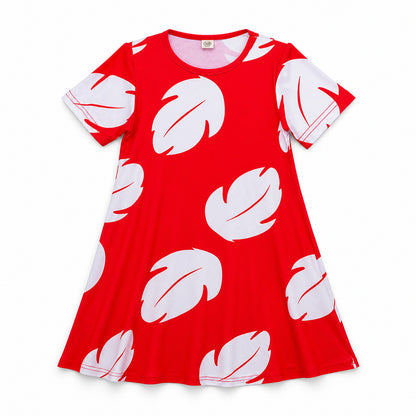 Experiment 626 Lilo Role Play Dress Hawaii Costume Children Red Frock Featured with White Feather Print - Color:dress style D