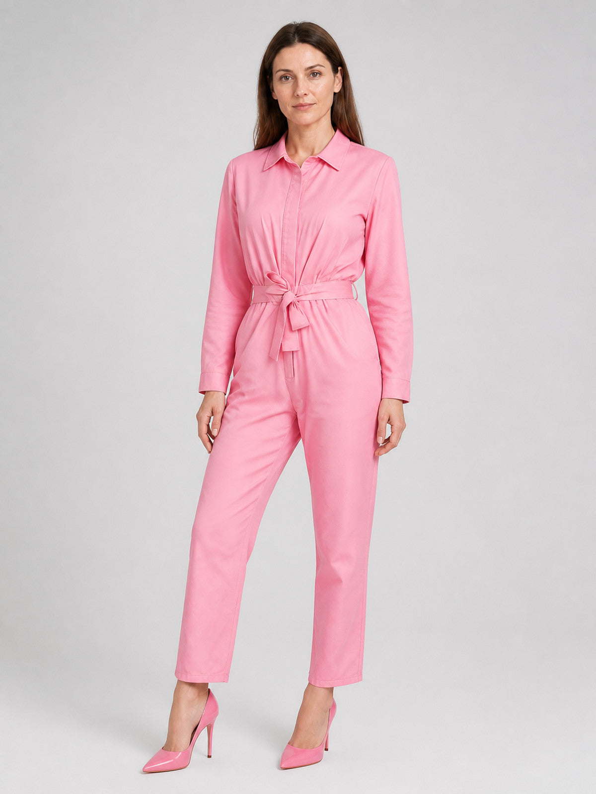 Pink Barbie-Style Jumpsuit with Notched Collar product detail
