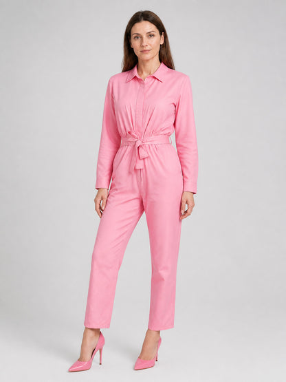 Pink Barbie-Style Jumpsuit with Notched Collar product detail