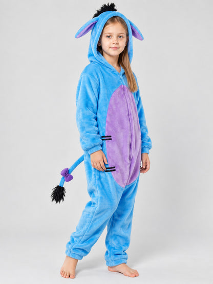Blue Pajama Jumpsuit with Hood, Ears, and Tail