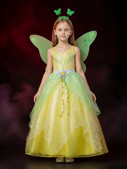 Girls Fairy Princess Butterfly Wings Costume Dress, Sparkle Gown With Fluffy