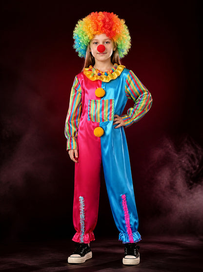 Kids' Rainbow Clown Jumpsuit Costume Set with Wig and Nose main product view