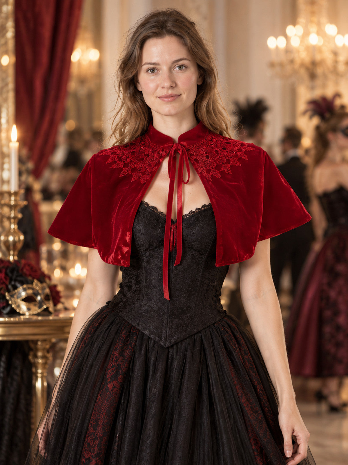 Red velvet capelet with lace trim and ties