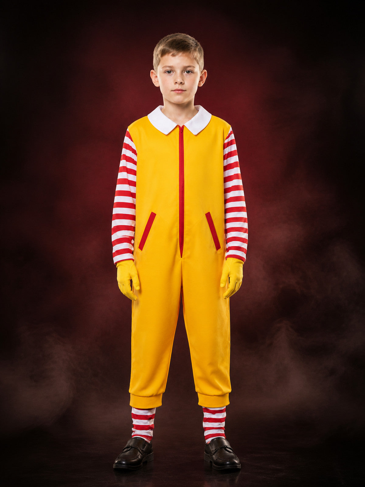 Yellow Clown Jumpsuit Costume, Red-White Striped Sleeves, Halloween Cosplay main product view