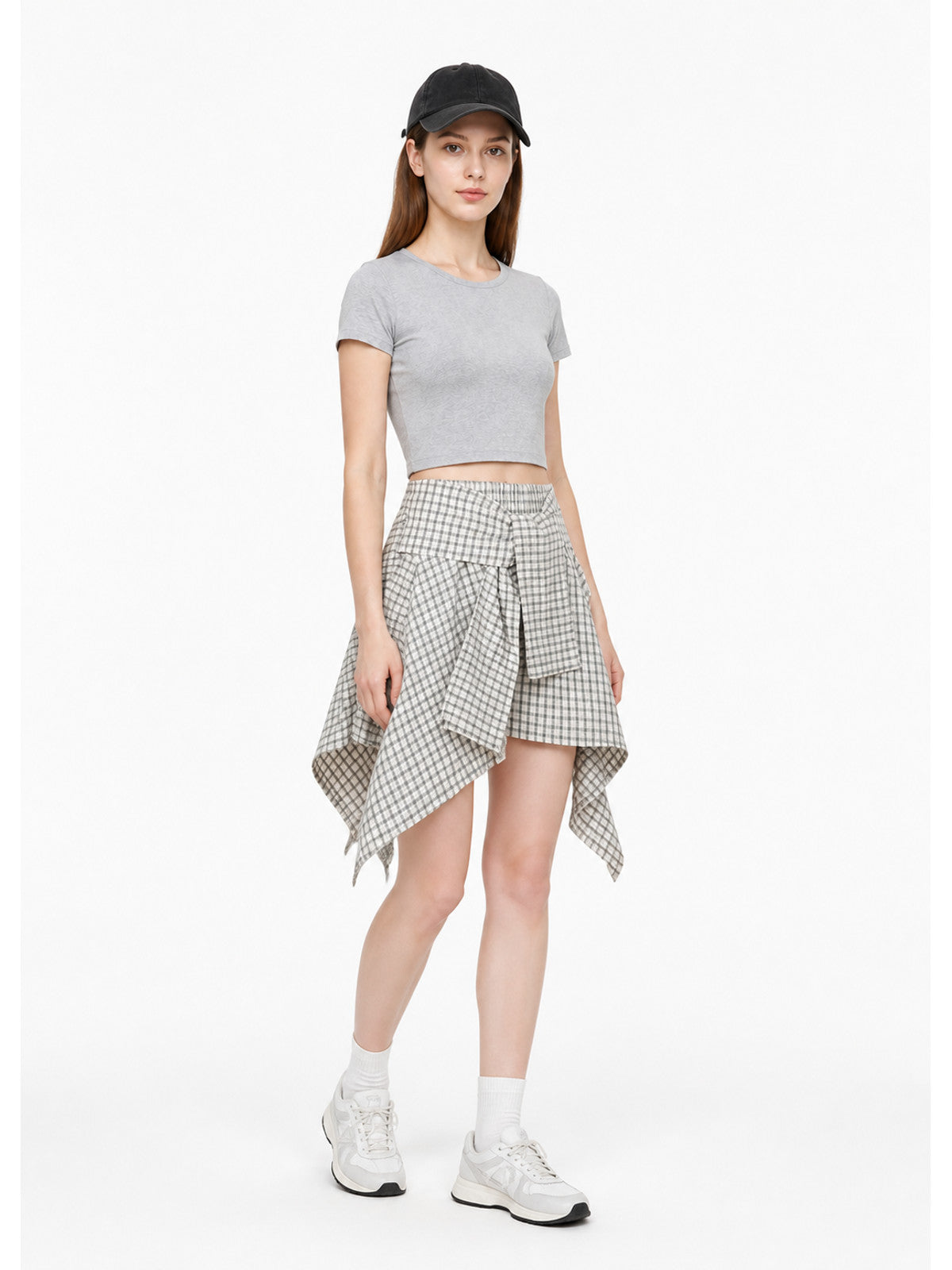 Gray-and-white Plaid Dress with an Asymmetrical Hem Costume Dresses detail