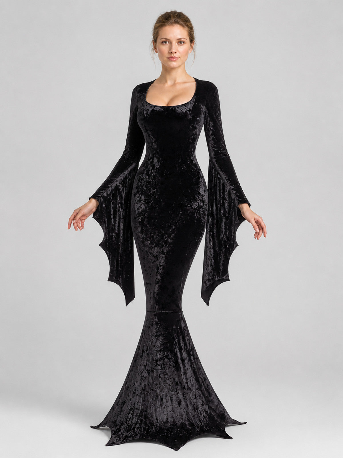 Black Vampire Costume with Bat-Wing Sleeves, Mermaid Dress Costume Dresses detail