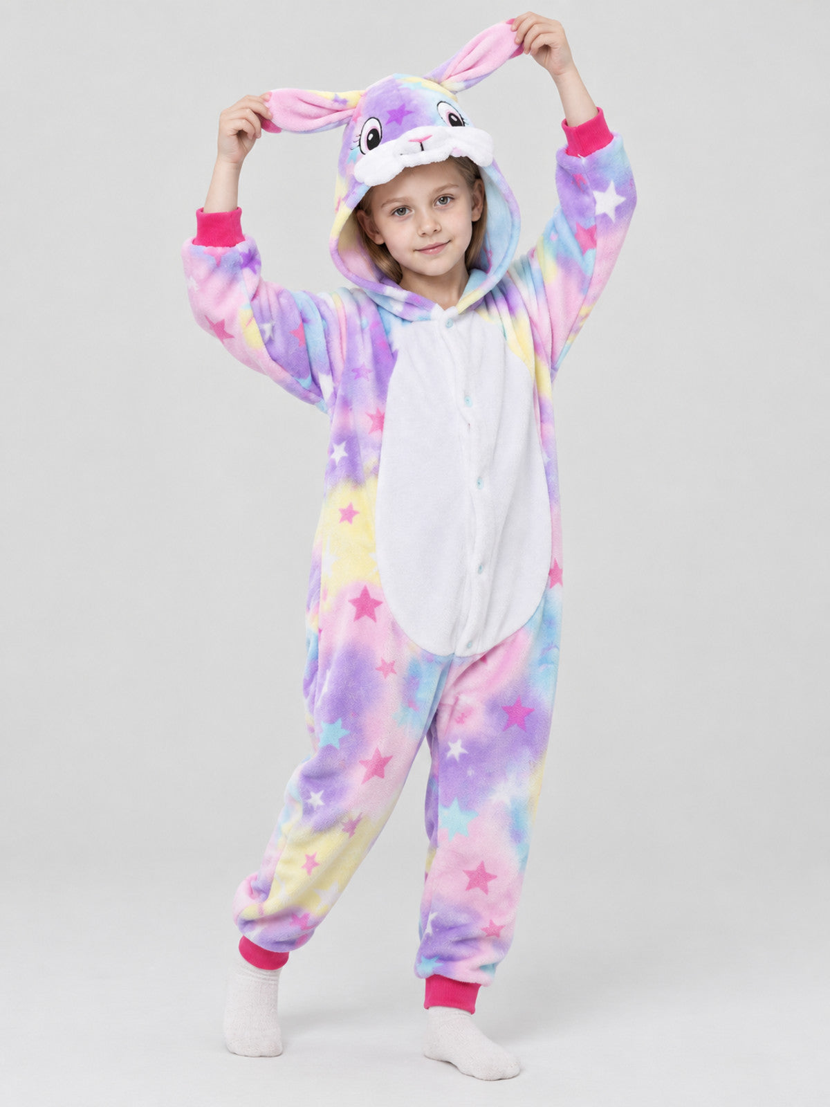 Pajama Jumpsuit with Hood, Ears, and Star Print