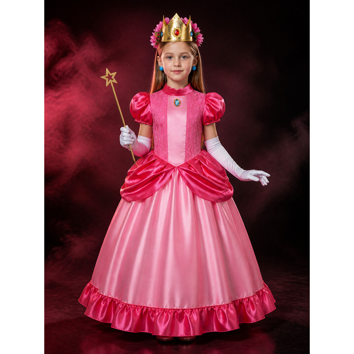 Girls Halloween Peach Pink Princess Costume Set with Lace Ball Gown, Crown & main product view