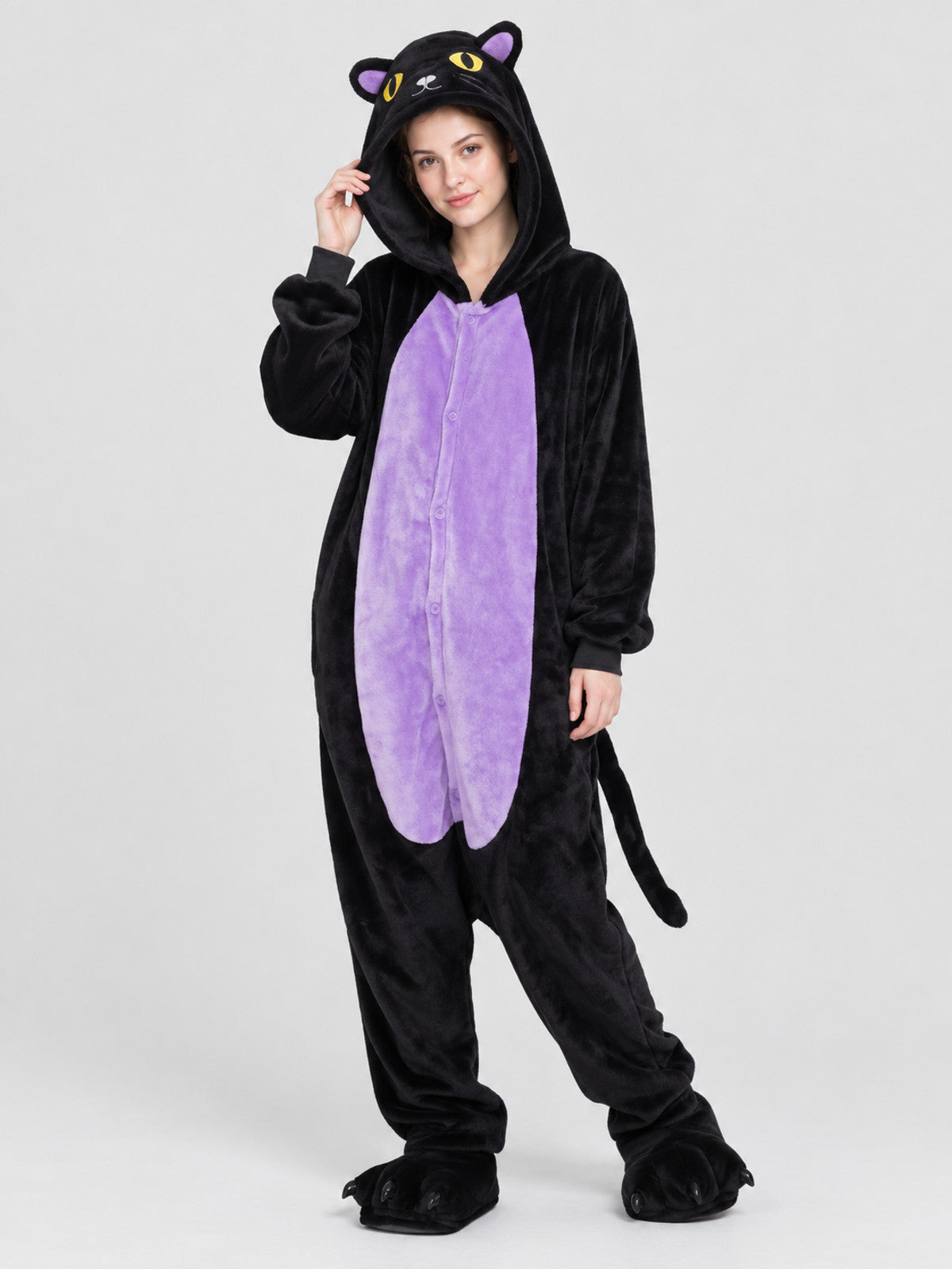 Black Flannel Cat Hooded Kigurumi Pajama