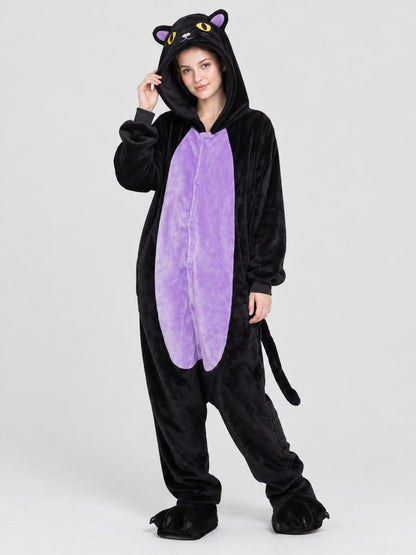 Black Flannel Cat Hooded Kigurumi Pajama