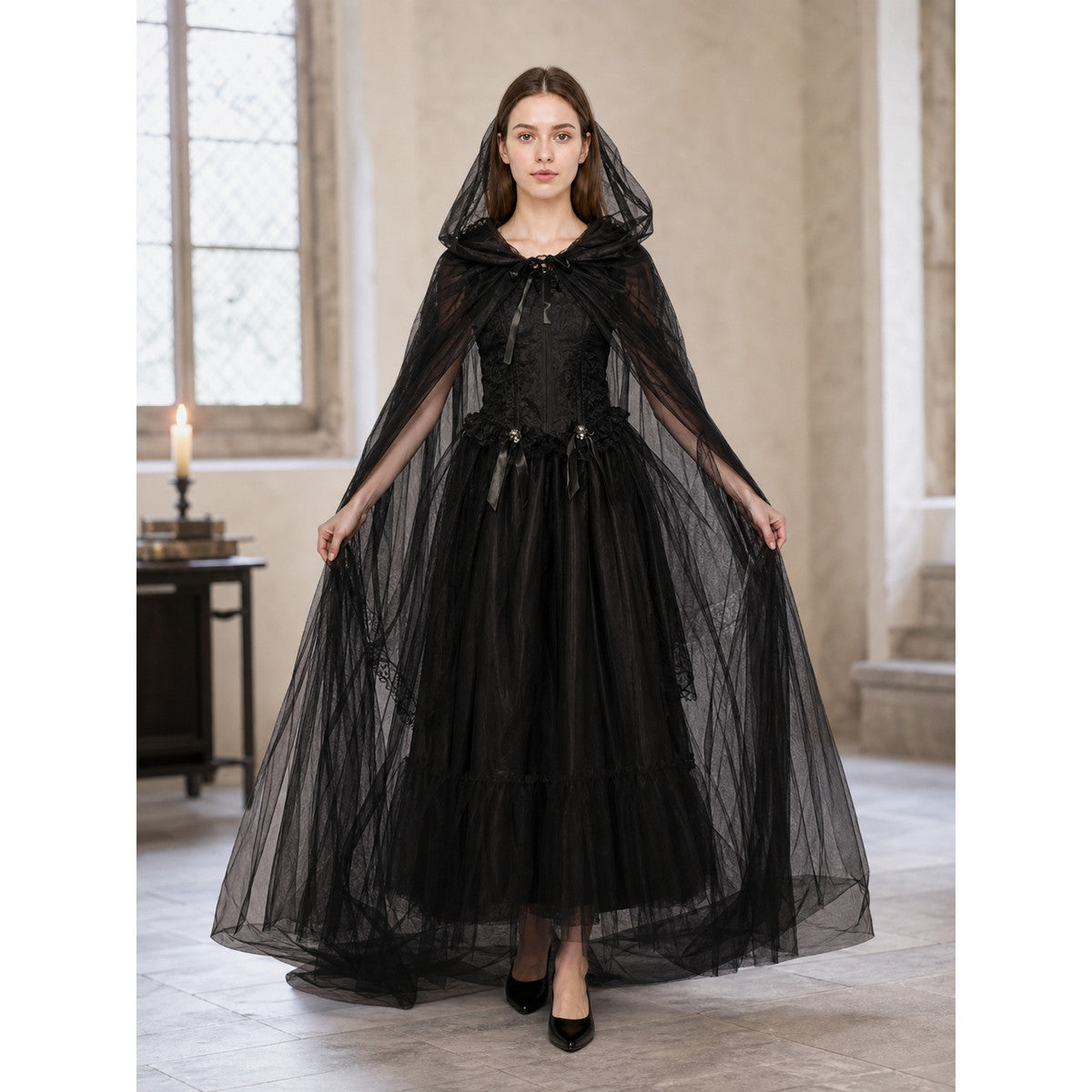 Vampire Costume: Long Hooded Dress with Cape lifestyle