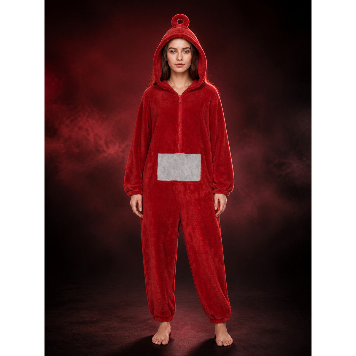 Adult Red Antenna Hooded Jumpsuit Costume with Gray Belly Patch, Funny Halloween main product view