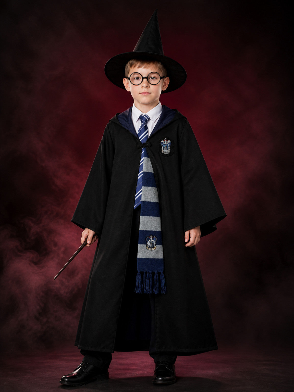 Blue And Silver Wizard Robe Costume Set With Hat, Glasses, Scarf And Tie main product view