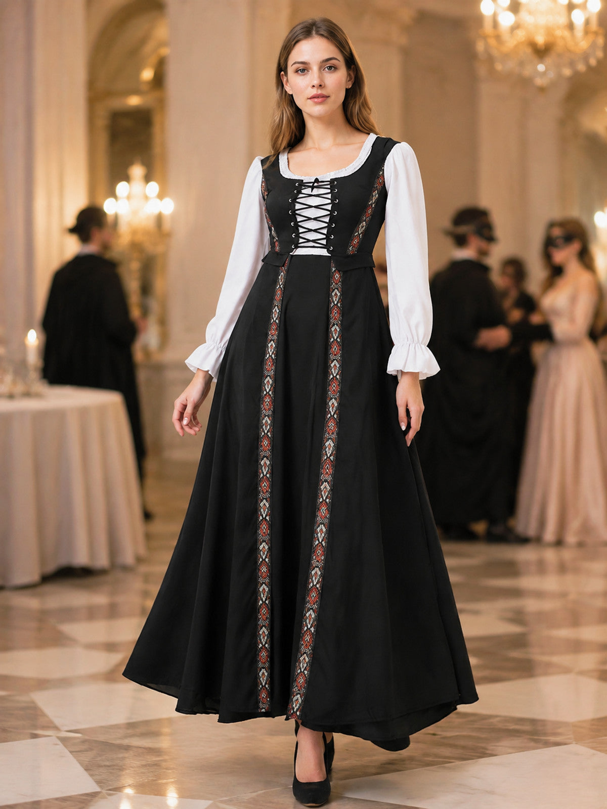 Long Black Historical-Style Dress with Lacing lifestyle view