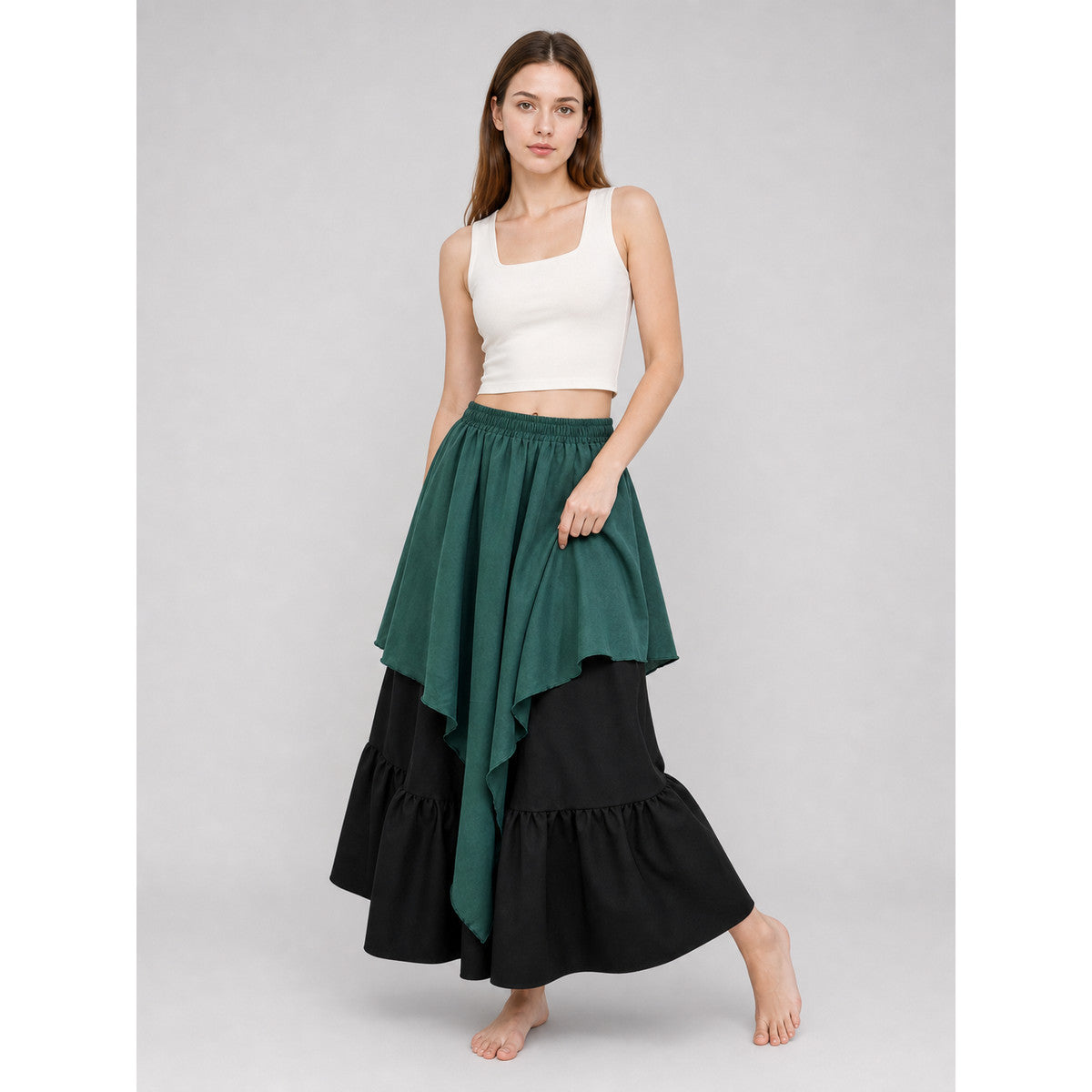 Layered Plaid Skirt with Asymmetrical Draping