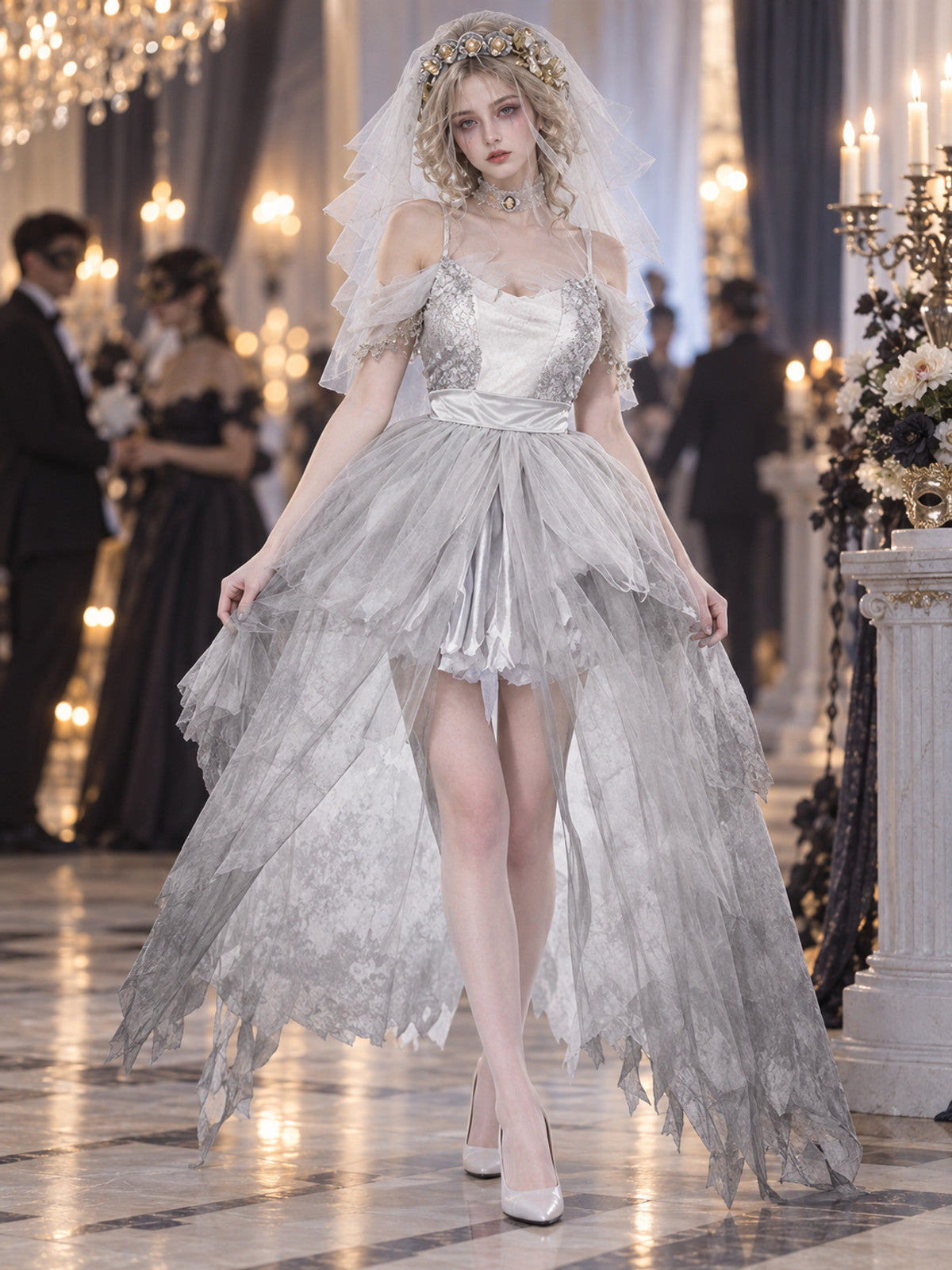 Halloween Bride Costume with Veil and Wreath