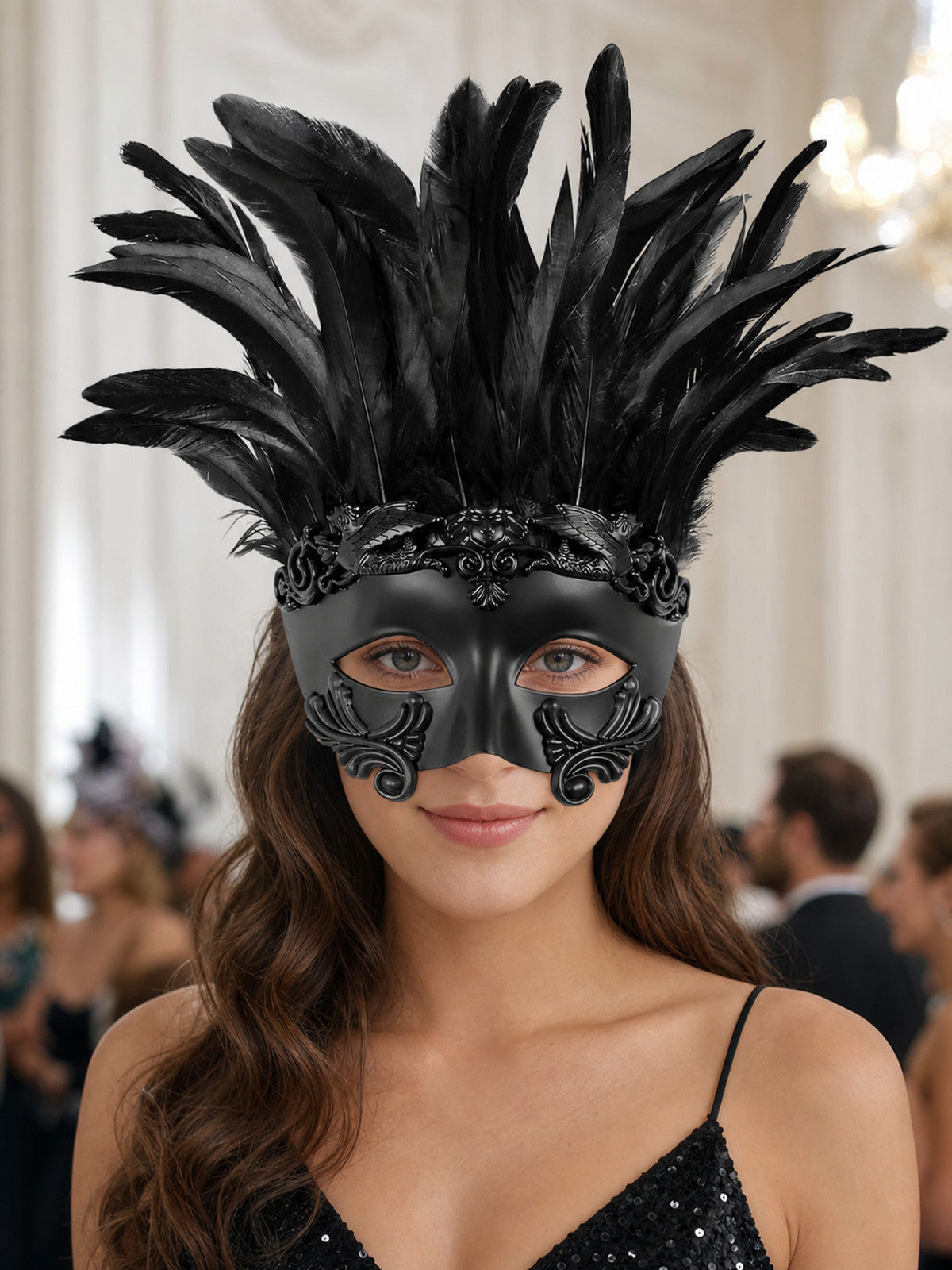 Baroque-Style Carnival Mask with Black Feathers