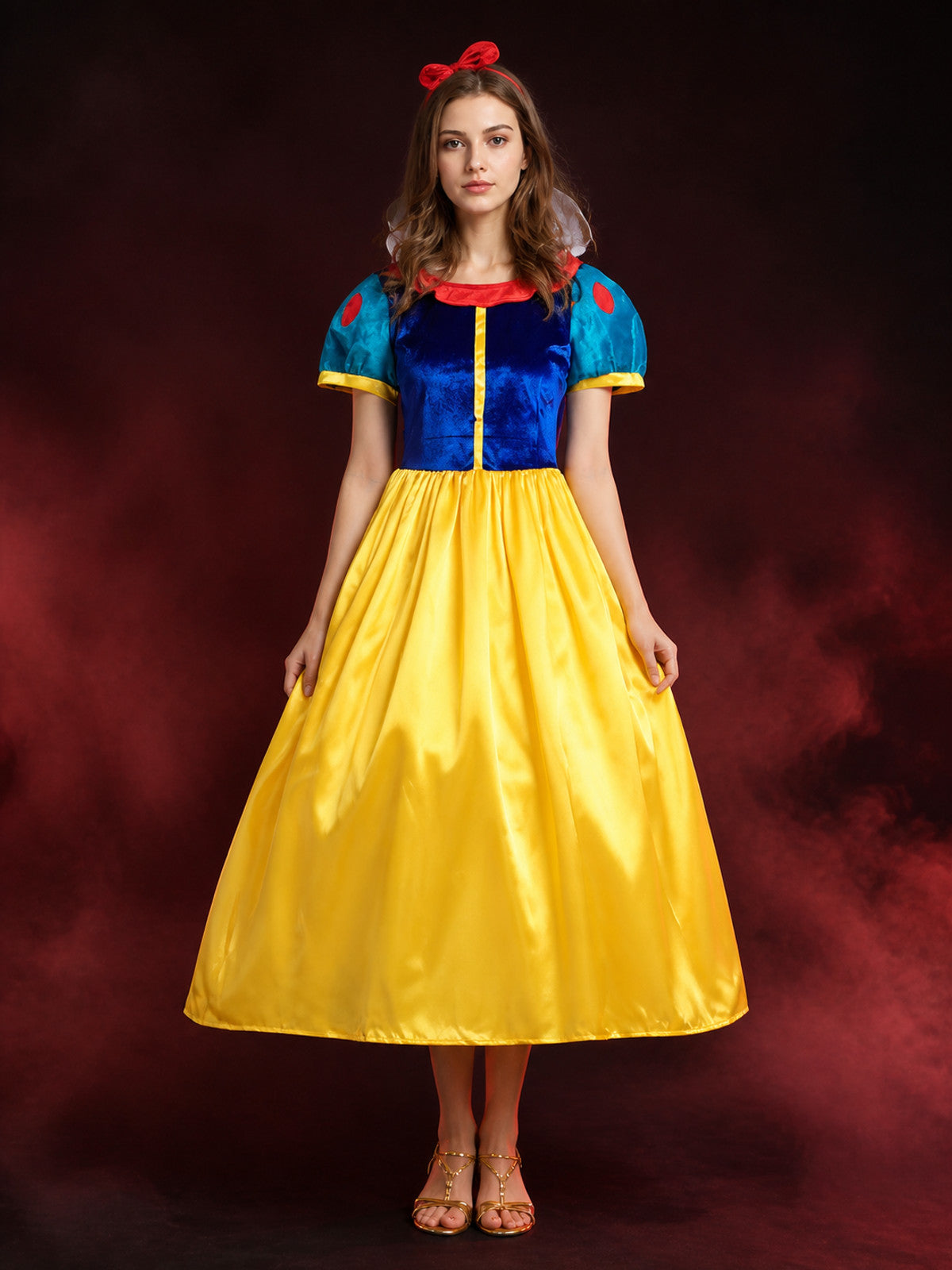 Women's Princess Cosplay Costume Dress, Blue & Yellow with Red Bow Headband and main product view