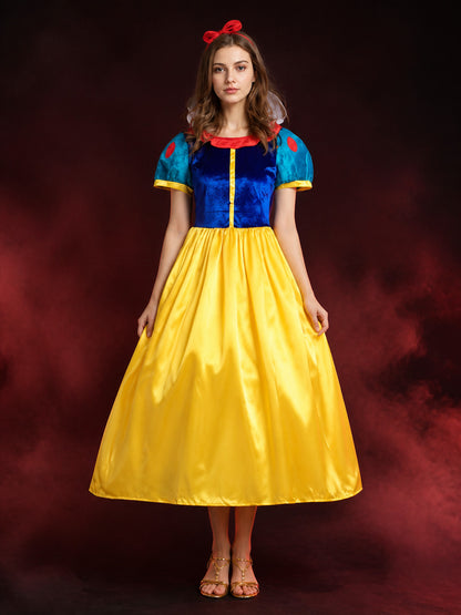 Women's Princess Cosplay Costume Dress, Blue & Yellow with Red Bow Headband and main product view