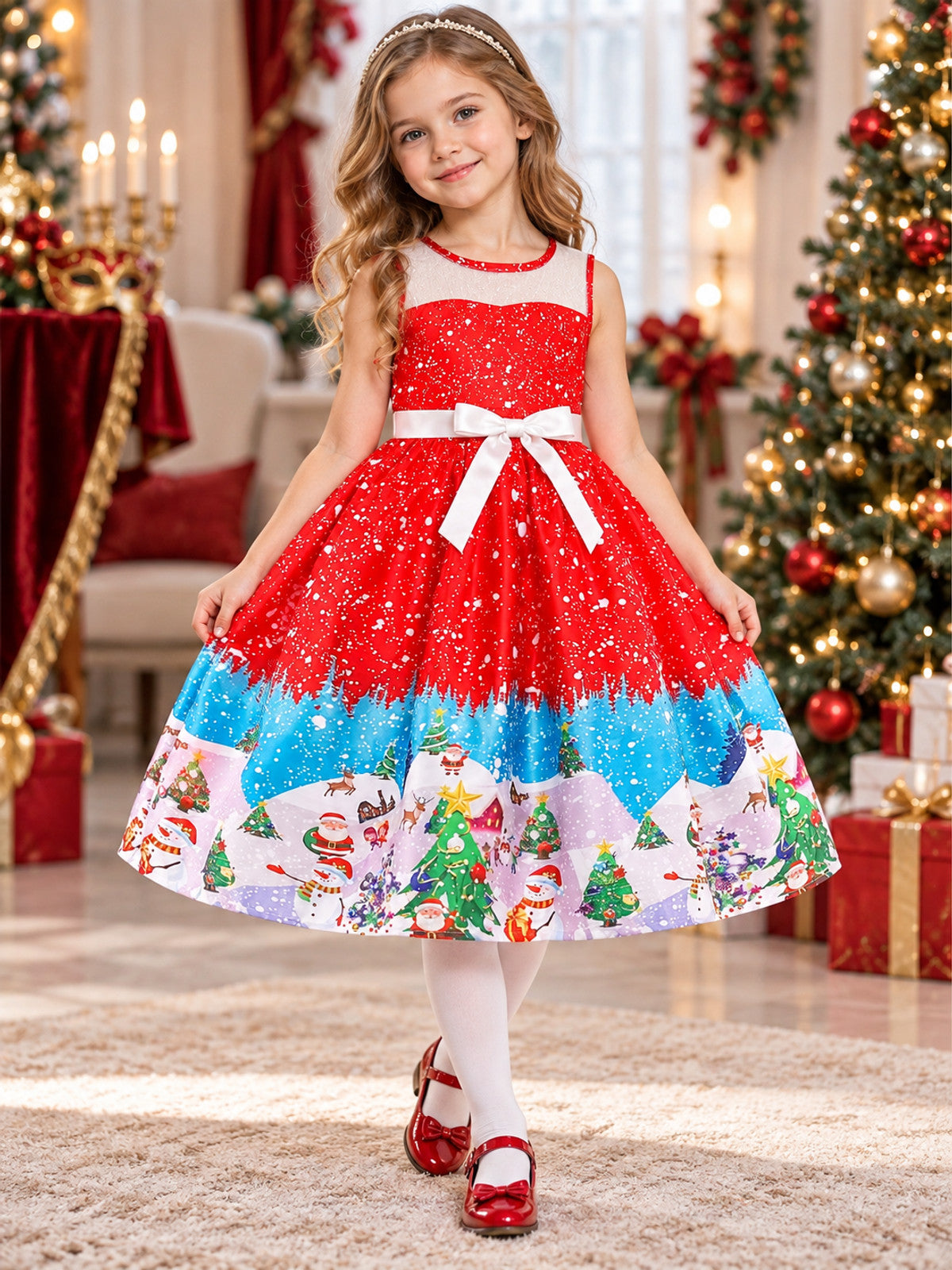 Children's festive dress with a Christmas print lifestyle view