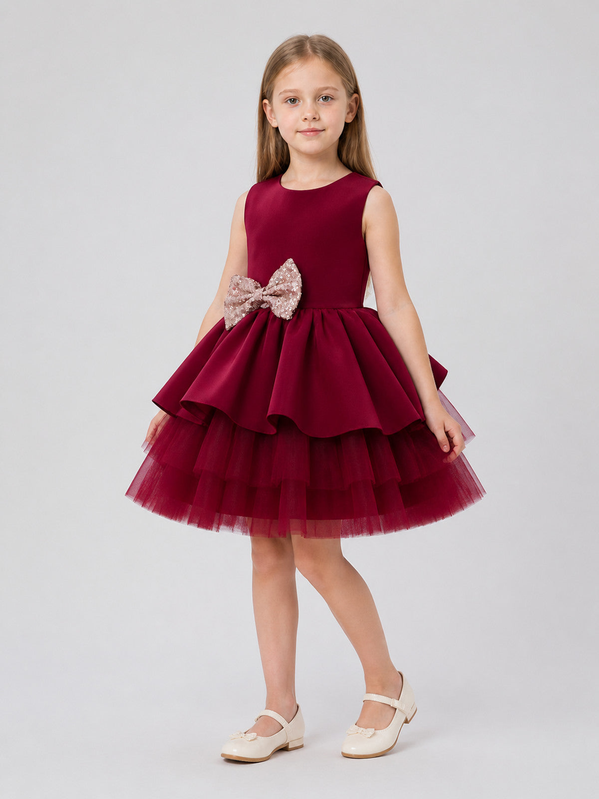 Children's Burgundy Princess Dress with Full Skirt and Bow Costume Dresses detail